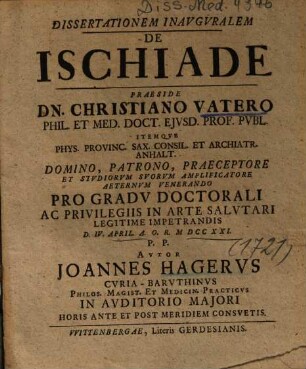 Dissertationem Inavgvralem [Inauguralem] De Ischiade