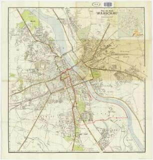 Stadtplan Warschau, 1:20 000, Druck, 1940 : Plan der Stadt Warschau. - 1:20 000. - [S.l.] : Verm.-Abt. , 1940. - 1 Kt. : mehrfarb. ; 65 x 69 cm, gef. - Mit 1 Nebenkarte und Straßenverzeichnis auf der Rückseite