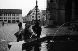 Freiburg: Zwei Reiterinnen am Münsterbrunnen
