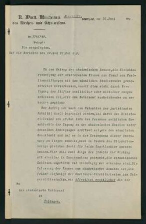 Das kgl. Ministerium des Kirchen- und Schulwesens an das akad. Rektoramt 30.06.1911