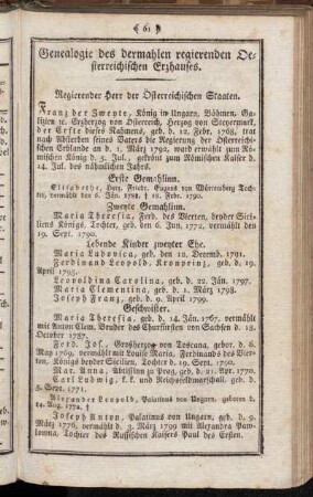 Genealogie des dermahlen regierenden Oesterreichischen Erzhauses.