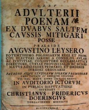 Adulterii poenam ex duabus saltem caussis mitigari posse