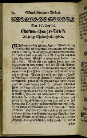 Das IV. Capitel. Glückwünschungs-Brieffe An junge Eheleuth abzugeben.