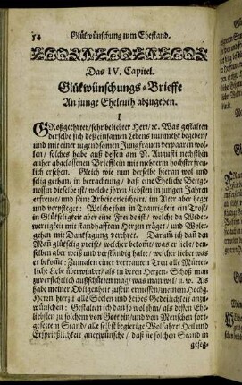 Das IV. Capitel. Glückwünschungs-Brieffe An junge Eheleuth abzugeben.