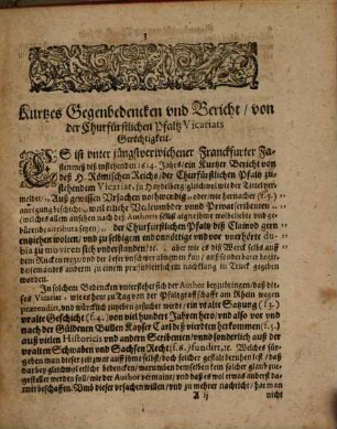 Kurtzes Gegen-Bedencken und Bericht, Von der Churfürstl. Pfaltz Vicariats-Gerechtigkeit