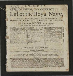 Steel's Original and Correct List of the Royal Navy, hired Armed-Vessels, Gun-Boats, Revenue and Excise Cutters, Packets, and India Ships, with their Commanders and Stations. - Corrected to September, 1797