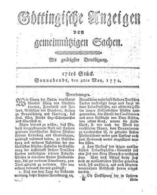 17tes Stück. Sonnabends, den 2ten May, 1772.