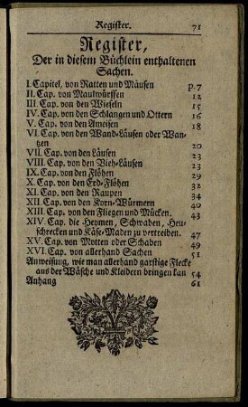 Register, Der in diesem Büchlein enthaltenen Sachen.