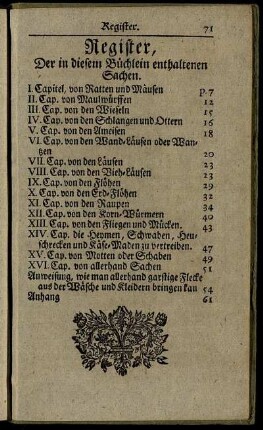 Register, Der in diesem Büchlein enthaltenen Sachen.