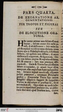 Pars quarta: De Exornatione Argumentationis per Tropos et Figuras seu de Elocutione Oratoria
