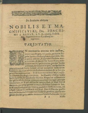 In beatum obitum Nobilis Et Magnifici Viri. Dn. Ioachimi a Beust ....