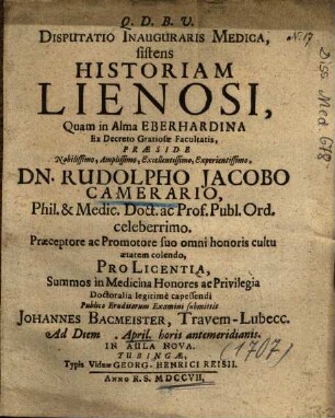 Disputatio Inauguraris Medica, sistens Historiam Lienosi
