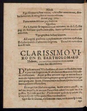 Clarissimo Viro Dn. D. Bartholomaeo Hubnero ... amico suo dilectissimo.