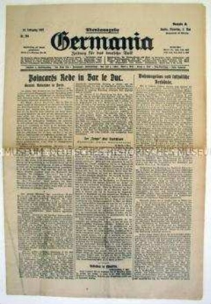 Konservative Tageszeitung "Germania" u.a. zu einer Rede des französischen Ministerpräsidenten Poincaré