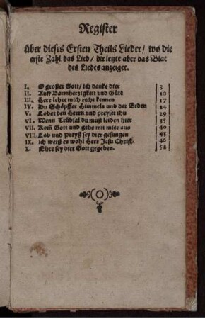 Register über dieses Ersten Theils Lieder/ wo die erste Zahl das Lied/ die letzte aber das Blat des Liedes anzeiget