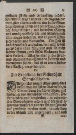 IV. Zur Erhaltung der Gesundheit Sorgfalt haben