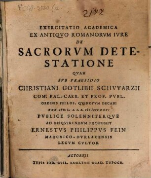 Exercitatio acad. ex antiquo Romanorum iure, de sacrorum detestatione : cum tab. aen.