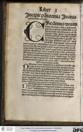 Credimus unum deum esse patrem et filium et spiritum sanctum, patrem eo quod habeat filium...