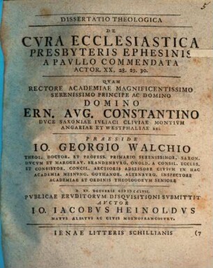 Dissertatio Theologica De Cvra Ecclesiastica Presbyteris Ephesinis A Pavllo Commendata : Actor. XX, 28. 29. 30.