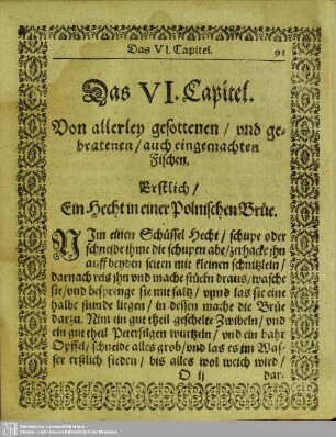 Das VI. Capitel. Von allerley gesottenen / und gebratenen / auch eingemachten Fischen
