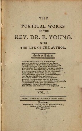 The poetical works of Rev. Dr. E. Young : with the life of the author, 1. The complaint: or, night thoughts on life, death, and immortality