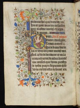 Initiale D, historisiert (Imago pietatis), mit Fadenrankenbordüre