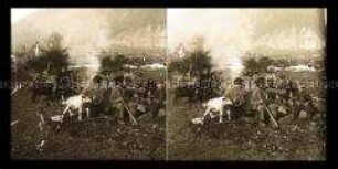 Kindergruppe am Lagerfeuer auf dem Feld, Ehrwald