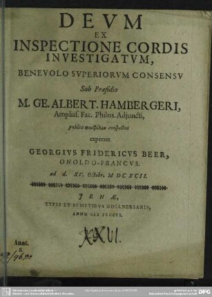 Deum Ex Inspectione Cordis Investigatum : Benevolo Superiorum Consensu