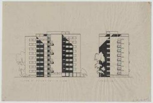 Planung Wilmersdorf, Apartmenthäuser "Elastischer Vierspänner" (nicht realisiert) – Typ D: Ostansicht, Südansicht. Berlin-Wilmersdorf