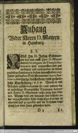 Anhang Wider Herrn D. Mayern in Hamburg