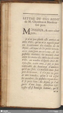 Lettre Du Fils Aisné de M. Chambon à Monsieur son pere