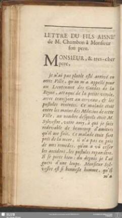 Lettre Du Fils Aisné de M. Chambon à Monsieur son pere