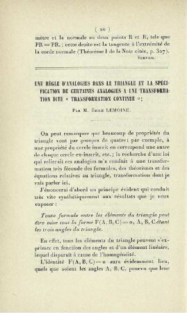Une règle d'analogies dans le triangle et la spécification de certaines analogies a une transformation dite "transformation continue".