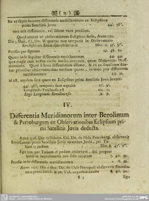 IV. Differentia Meridianorum inter Berolinum & Petroburgum ex Observationibus Eclipsum Pprimi Satellitis Jovis deducta