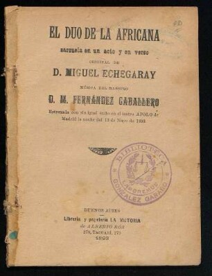 El duo de La Africana : zarzuela en un acto y en verso