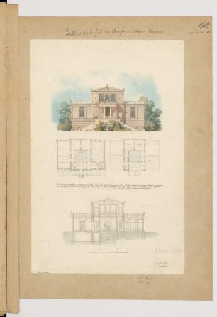 Vereinshaus des Architekten-Vereins zu Berlin Monatskonkurrenz Oktober 1850: Grundriss Erdgeschoss, Obergeschoss, Aufriss Vorderansicht, Längsschnitt; Maßstabsleisten, Erläuterungstext