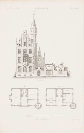 Wohnhaus, Köln: Grundriss 1.OG, 2.OG, Vorderansicht (aus: Atlas zur Zeitschrift für Bauwesen, hrsg. v. G. Erbkam, Jg. 9, 1859)