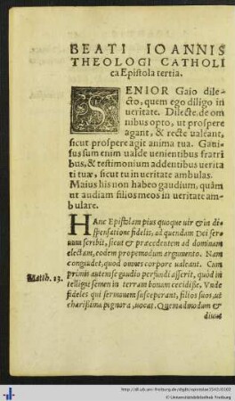 Beati Ioannis Theologi Catholica Epistola tertia.