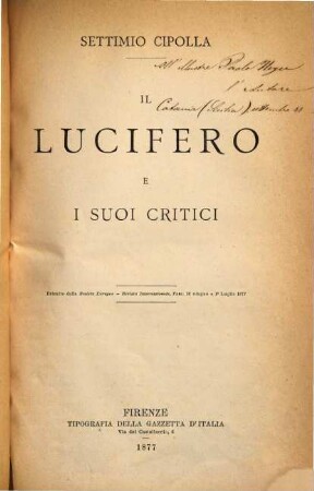 Il Lucifero e i suoi critici : Estratto dalla Rivista Europea- Rivista internazionale
