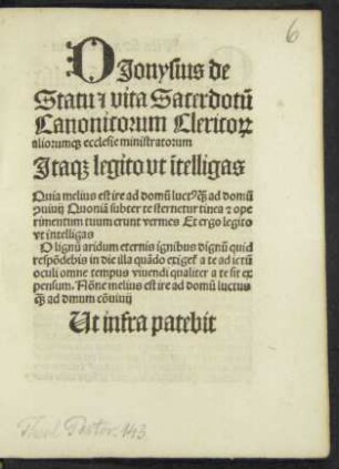 DJonysius de || Statu #[et] vita Sacerdotũ || Canonicorum Clerico#[RUM] || aliorum#[que] ecclesie ministratorum || ... ||
