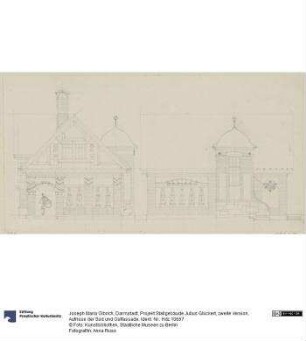 Darmstadt, Projekt Stallgebäude Julius Glückert, zweite Version, Aufrisse der Süd und Ostfassade