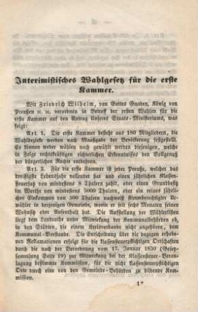 Interimistisches Wahlgesetz für die erste Kammer.