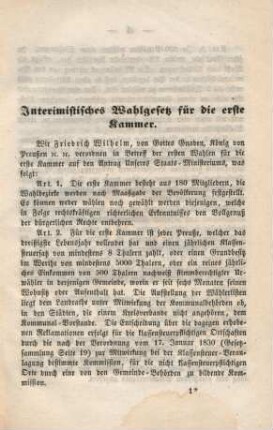 Interimistisches Wahlgesetz für die erste Kammer.