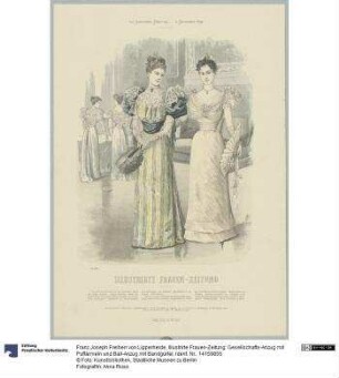 Illustrirte Frauen-Zeitung: Gesellschafts-Anzug mit Puffärmeln und Ball-Anzug mit Bandgürtel