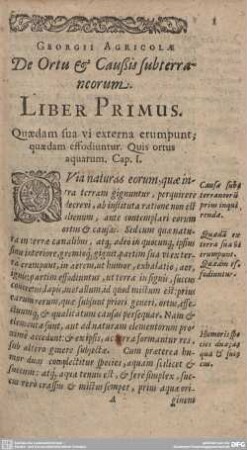 De Ortu & Caußis subterraneorum. Liber Primus.
