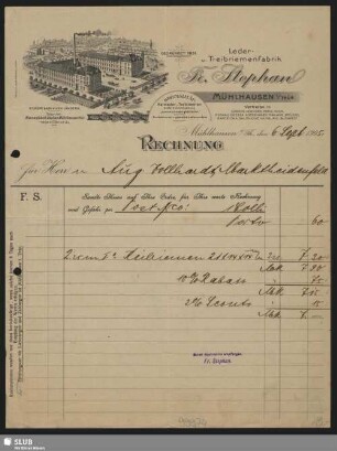 Leder- u. Treibriemenfabrik Fr. Stephan, Mühlhausen i. Thür. : Rechnung