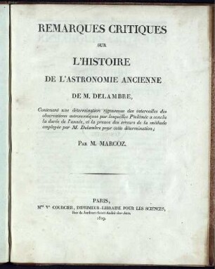 Remarques Critiques sur l'Histoire de l'Astronomie Ancienne de M. Delambre