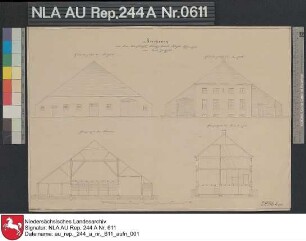Giebelansichten und Querprofile vom Platzgebäude der Domäne Kloster Uppingen bei UTTUM Kolorierte Zeichnung von G. Behr Papier Format 45,2x31,6 M 1:161