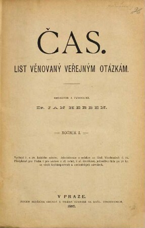 Čas : list věnovaný veřejným otázkám. 1. 1886/87 (1887)