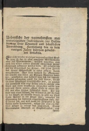 Uebersicht der vornehmsten meteorologischen Instrumente, zur Beförderung ihrer Kenntniß und häußlichen Anwendung. Fortsetzung des in dem vorigen Jahre hiervon gelieferten Artickels.
